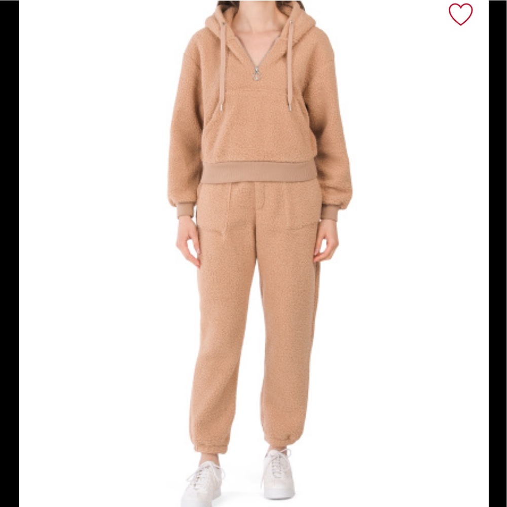BLANK NYC 2p Faux Sherpa Shearling 1/4 Zip Hoodie Jogger Set Camel M NWT $156